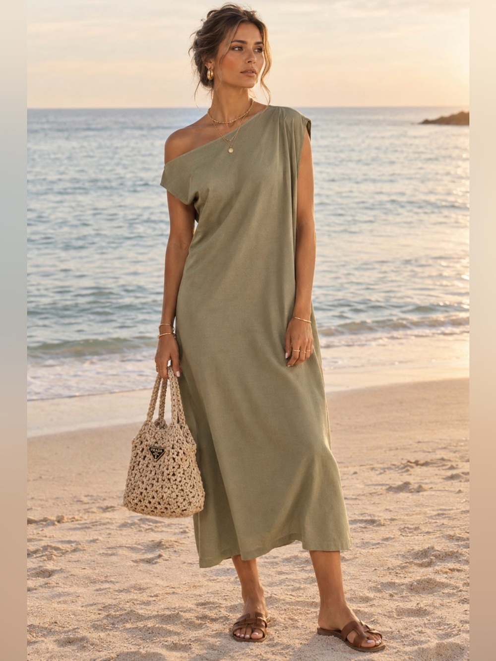 Free People Beach All Day Long MIDI T-Shirt Dress in Olive Sz Medium
